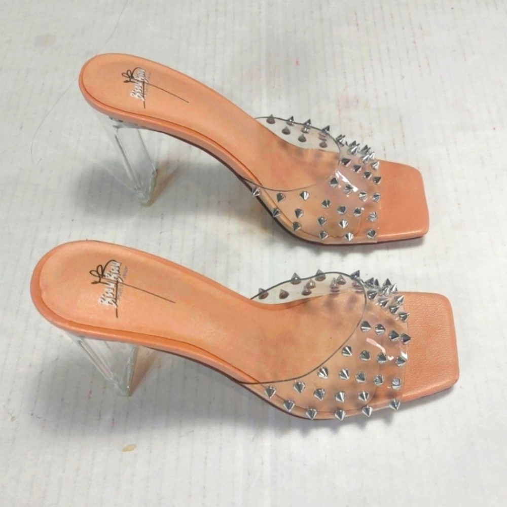 BISOU BISOU Women's Clear Spiked High Heel Slip-on Sandals Size 8.5M